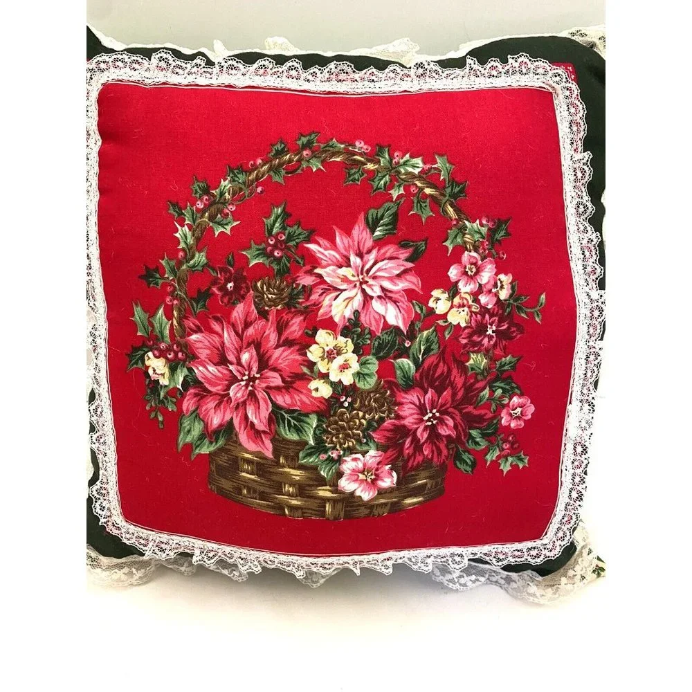 Vintage handmade Christmas throw pillows poinsettias trimmed in lace MCM Retro